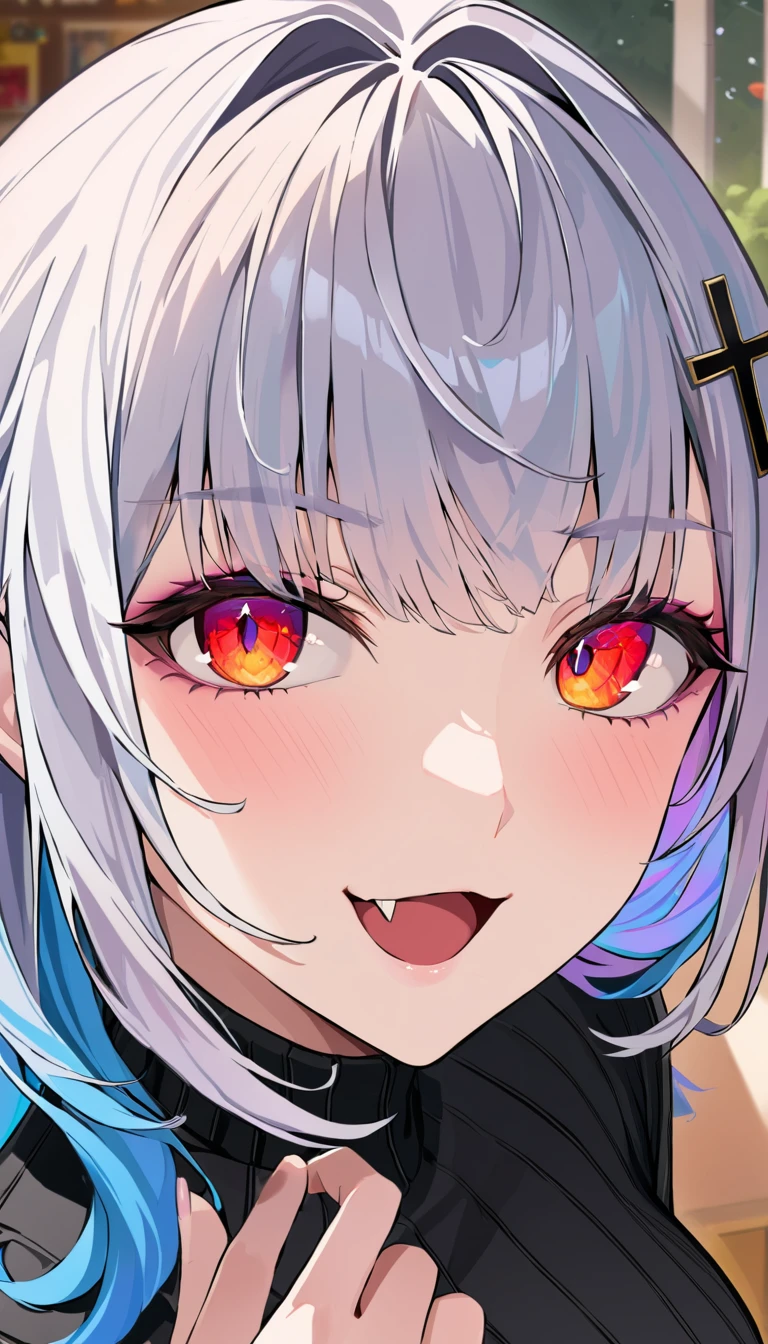 masterpiece, high quality, highres, absurdres, ultra-detailed, 8k, 1girl, platinum grey hair, blue hair, multicolored hair, gradient hair, looking at viewer, red glowing eyes, black turtleneck sweater, (school background:1.15), brilliant colorful paintings, bloom, portrait, cross hair ornament, open mouth, showing fang, (close-up:1.2), from above