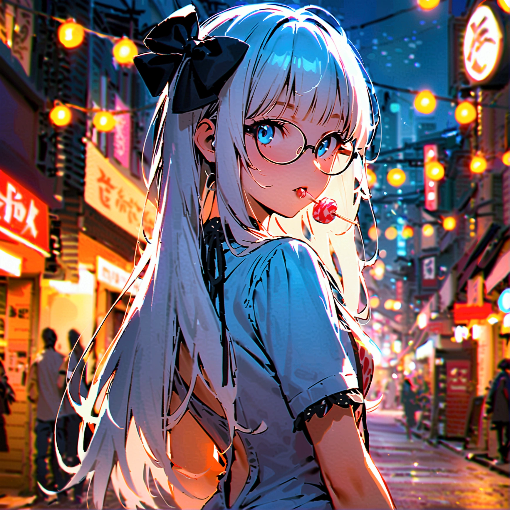 A young woman with long untied white hair, with bangs, a black bow on her head, black round glasses with a candy in her mouth, a plain blue shirt, a short white skirt, her back turned in the middle of the city at night.
