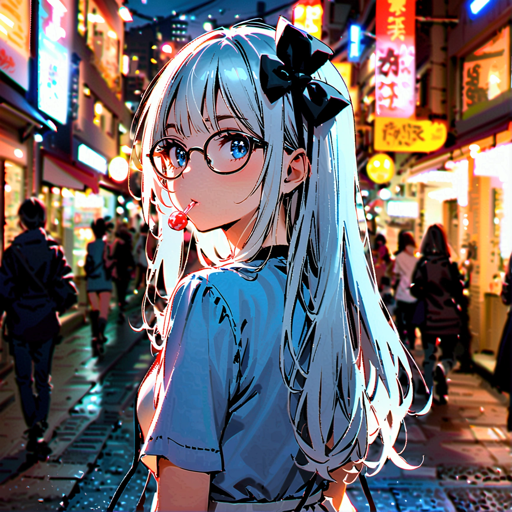 A young woman with long untied white hair, with bangs, a black bow on her head, black round glasses with a candy in her mouth, a plain blue shirt, a short white skirt, her back turned in the middle of the city at night.