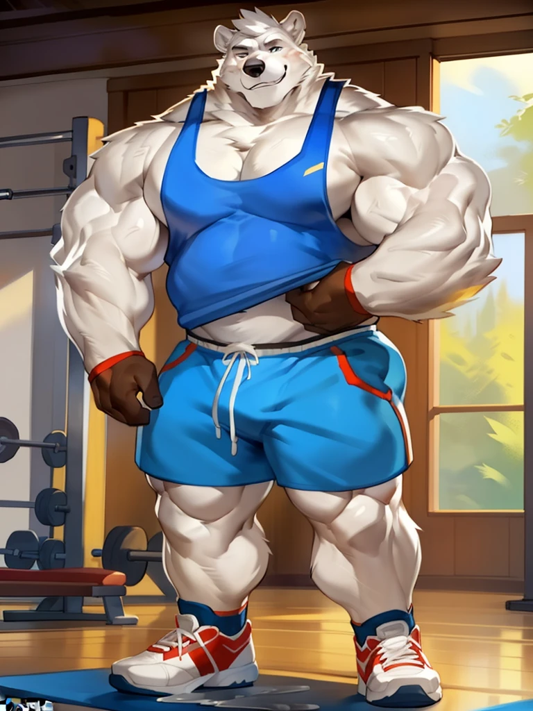 Solo, Male, polar bear, (short hair, snout), messy fur, messy hair, smirking, notched ear, by Bebebebebe, by Spikes, By Darkgem, by Mystic Fox 61, by Chunie, standing, tank top, gym shorts, gym shoes, looking at viewer, Dilf, Daddy, father figure, mature male, hunk, pecs, very detailed gym clothing, very detailed fur texture, very detailed lighting, very detailed eyes, gloves, very well drawn gym clothing, very well drawn face, bulky, bulk, ((really big muscle, massive muscular, sixpack, thick arms, wide pectoral, super huge muscle, hyper muscular, over sized muscle, huge arms, big arms, huge pectoral))