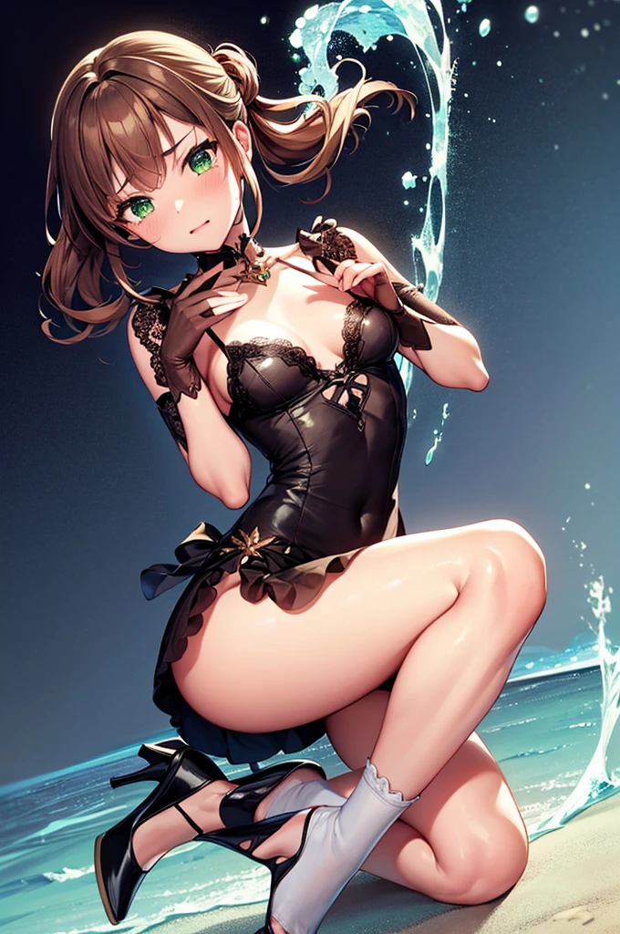 Detailed face, Fine grain, Dutch Angle, Perfect hands, from the front, One girl, ager, Young girl, TeenGirl, 15 yearsBreastsOne girl, Adult, Mature Woman, Average chest, , Avatar (series), CHAR-F Avatarseries トフ・ベイフォン シュリク作, (Brown Hair:1.2), , Poor Complex (green:1.5) Night dress, , (Long frilly elbow gloves, Lace knee socks, High heels:1.15), (Updo:1.3), Embarrassing, tears, Sitting, wave hands,