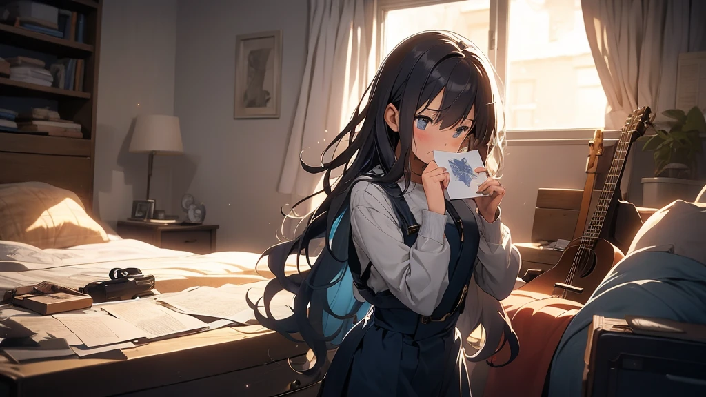 An anime girl standing alone in a dimly lit room, with a melancholic expression on her face. She is holding a photograph of someone she once admired, symbolizing her lost dreams and broken expectations. The background features a large window with city lights glowing faintly outside, casting a soft, somber glow into the room. Around her, there are scattered memories: old letters, a guitar, and a few personal items that hint at her past hopes and dreams. The atmosphere is filled with a sense of nostalgia and introspection, capturing the struggle of moving on from someone who failed to be the hero she envisioned. The lighting highlights her reflective mood, with shadows accentuating the depth of her emotions. The overall scene conveys a poignant mix of regret, realization, and the quiet strength needed to let go and move forward.
