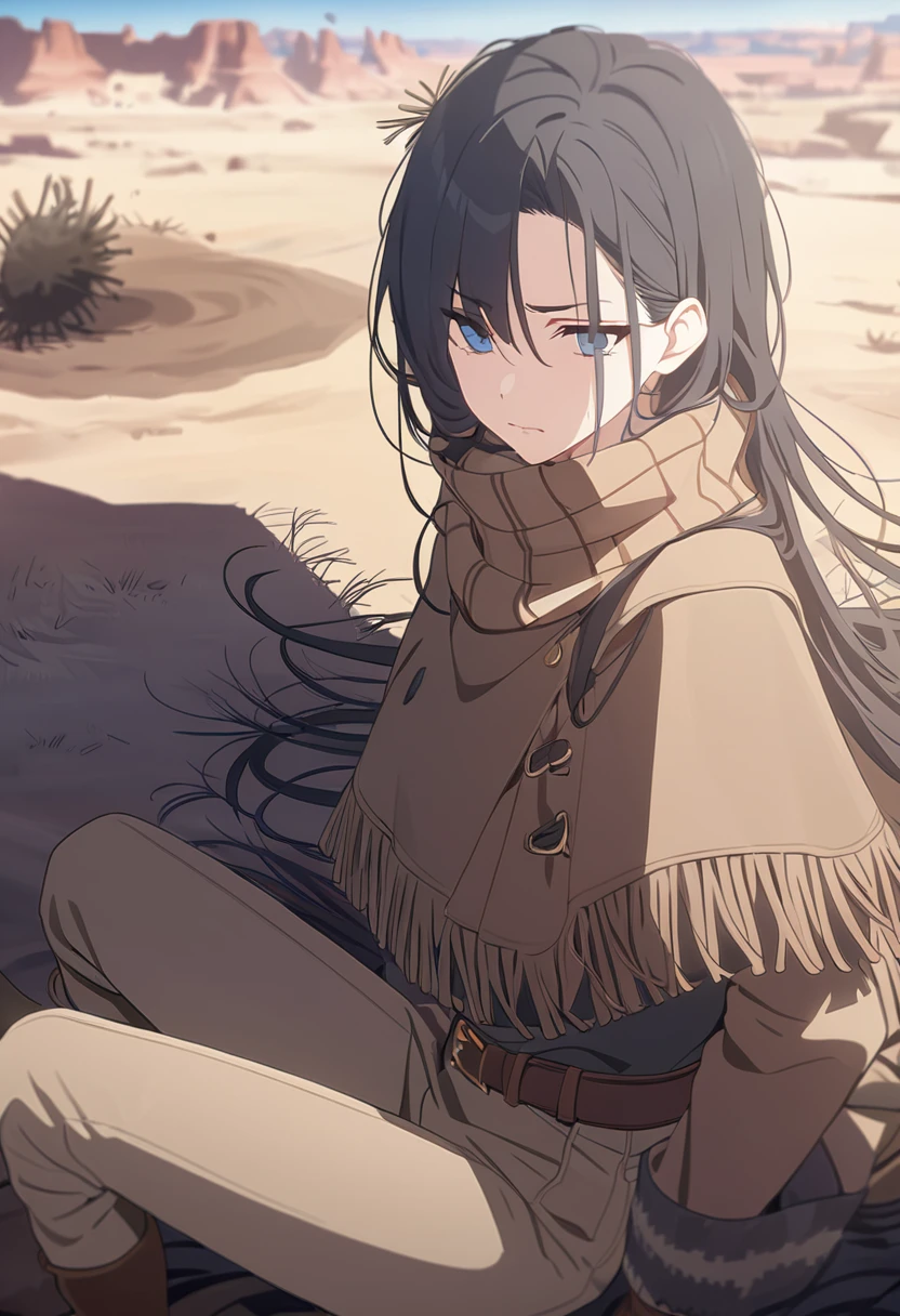 masterpiece,best quality,depth of field,8K,looking at the viewer,dark gray hair,blue eyes,light brown chaps,dark brown poncho,갈색 Ten gallon hat,brown leather jumper,chic,wseifuku,male,sky,frowning,badlands,western frontier,tumbleweed rolling around,sitting,male,Grabbing the back of your head with your left hand