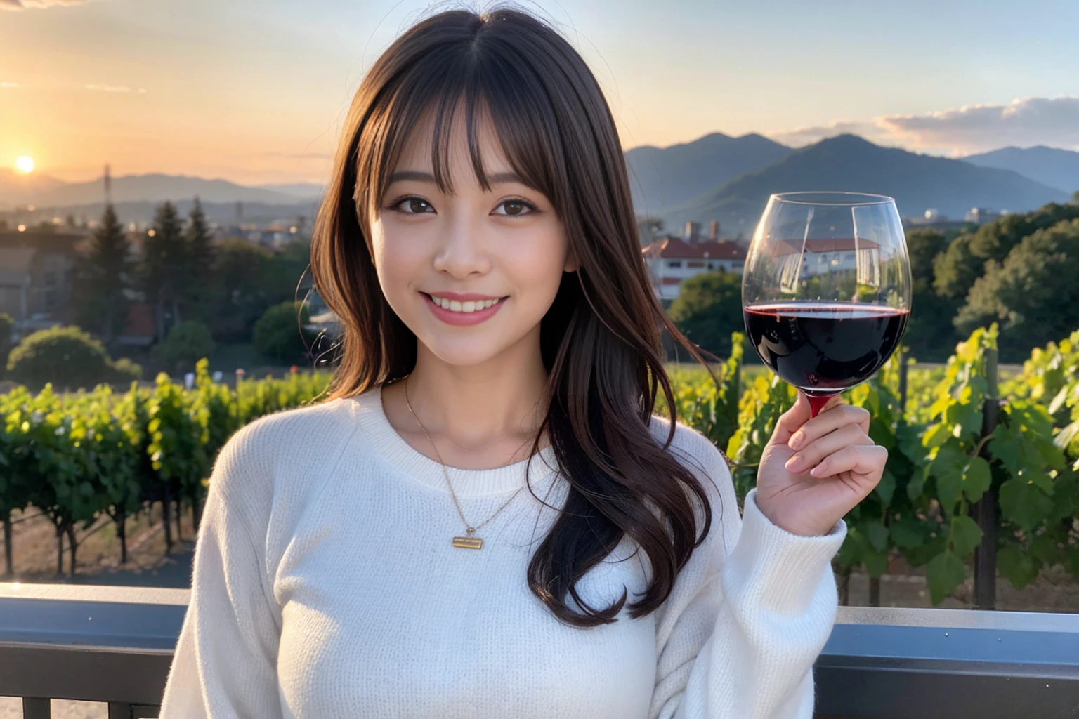 ((Highest quality、8K、masterpiece:1.3))、1 male 1 female,37 years old 39 years old、Slim Beauty、Beautiful couple、Upper Body、smile、 (Slim face), (the body is スリム), (Brown Hair), (Shortcuts), テーブルのフルコースディナーとwine glass、Amazing view of the sunset sky and clouds、smileの美しさ、Wine bottle、sparkling wine、Long sleeve shirt、dress、White wine, red wine, wine glass, Beautiful fine grain, Depth f/2,saturation, High Contrast, Strong light and shadow,Moist Body:1.5、 texture、The hair is very shiny、