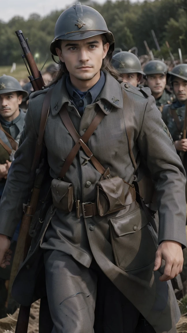 (masterpiece), best quality, expressive eyes, perfect face, All quiet on western Front, man, trenches, dirty, uniform, realistic, HD, Rifle, Orlando Bloom, big bag, French army, regiment, France, defending position, pov, Far view, shot, shooting, fighting