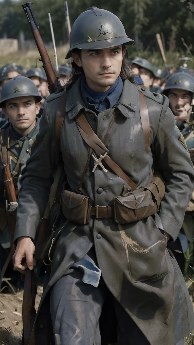 (masterpiece), best quality, expressive eyes, perfect face, All quiet on western Front, man, trenches, dirty, uniform, realistic, HD, Rifle, Orlando Bloom, big bag, French army, regiment, France, defending position, pov, Far view, shot, shooting, fighting