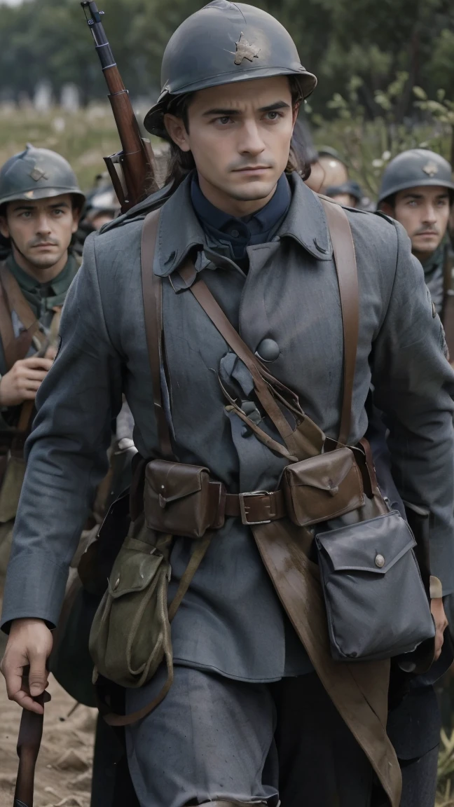 (masterpiece), best quality, expressive eyes, perfect face, All quiet on western Front, man, trenches, dirty, uniform, realistic, HD, Rifle, Orlando Bloom, big bag, French army, regiment, France, defending position, pov, Far view, shot, shooting, fighting