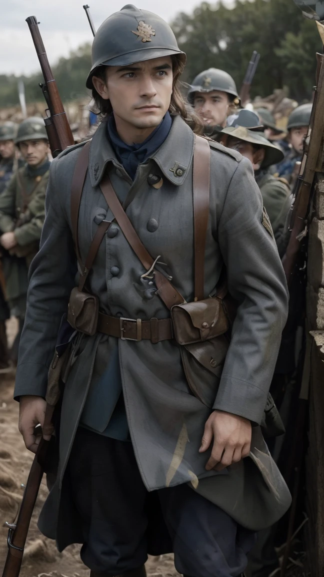 (masterpiece), best quality, expressive eyes, perfect face, All quiet on western Front, man, trenches, dirty, uniform, realistic, HD, Rifle, Orlando Bloom, big bag, French army, regiment, France, defending position, pov, Far view, shot, shooting, fighting