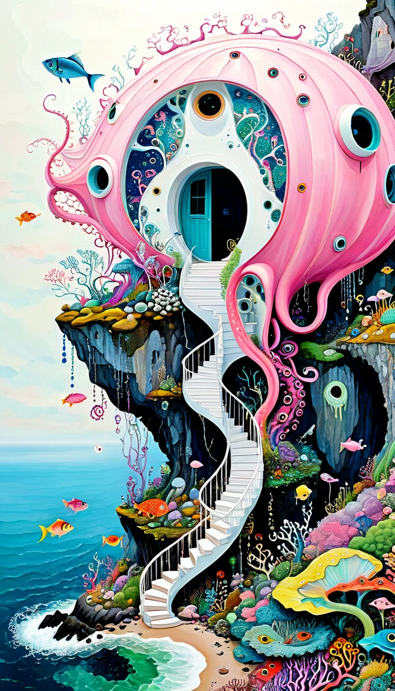 "Dick Ellescas Artist Style",cabin on cliff,Tentacles瀑布,(((粉色美人fish)))、fish,Tentacles,bird、Eye、autistic patient、diatom,Spiral Staircase,Stitching together an abstract painting,Describing the inner world of autistic people,Sense of space,White Space,interesting,Innocence,Psychedelic Art,Pink theme