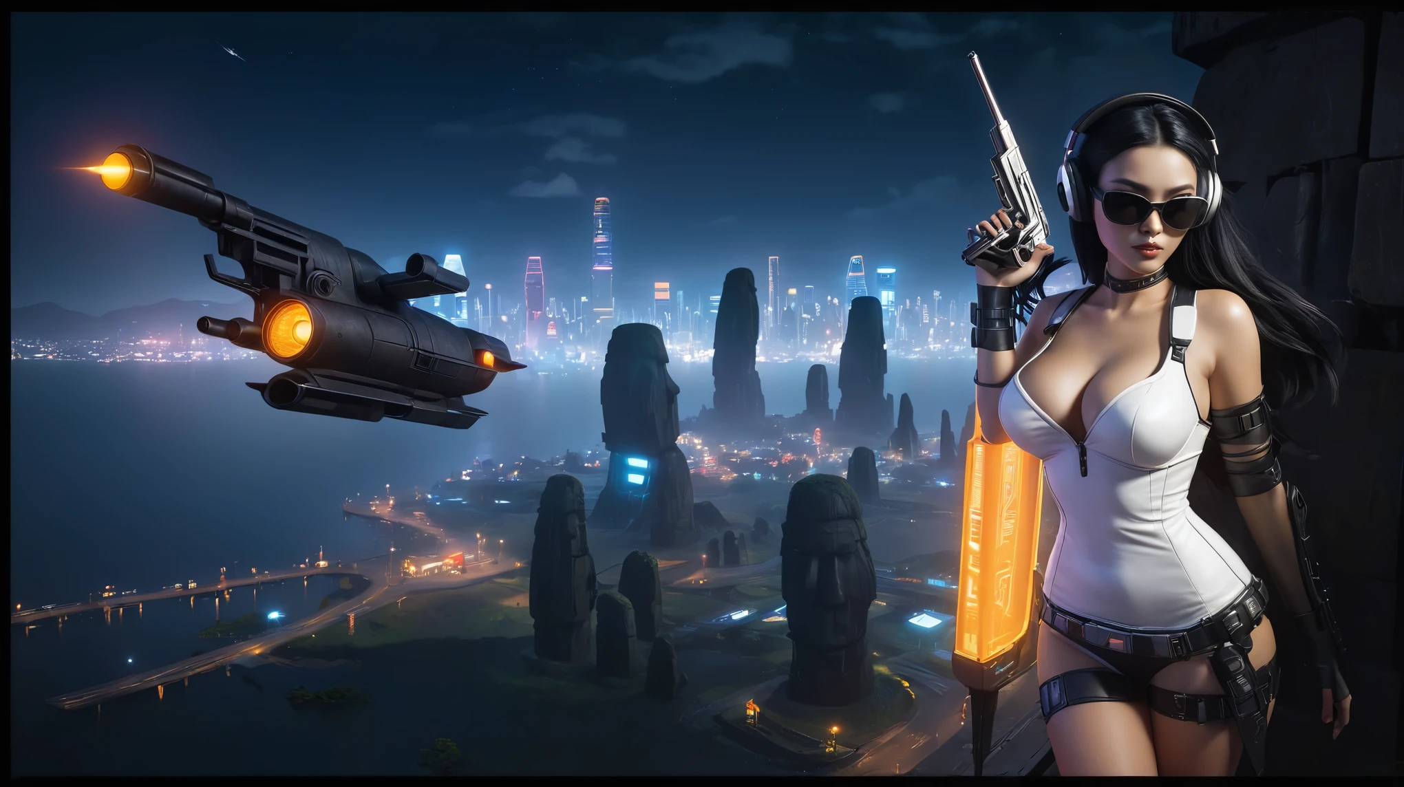 At night, dark sky, distant shot aerial view of fantasy cyberpunk style ((Moai-statue)) city, ((flying vehicle)). ((1girl, solo, alone)), medium-breast:1.1 slim body, cleavage, sexy clothes, (headphone, black sunglasses, long black realistic hair), (((hip-up standing and holding pistol))), half-body thigh level medium shot, cinematic lighting.