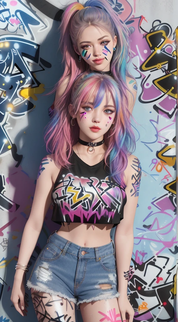 master-piece, bestquality, teen girl, crop top, shorts jeans, choker, (Graffiti:1.5), color splashes, arm behind back, against a brick wall., looking at the audience,  Very charming., Thigh strap, Paint on the body., Head tilt, smirk, multicolored hair, Water bud, Shapely, Skinny, 30k, 3D, cinematic light, Breathtaking light, Shallow depth of light, Exquisite clothing details, high-detail, UDR, Sharp focus, Physics-based rendering