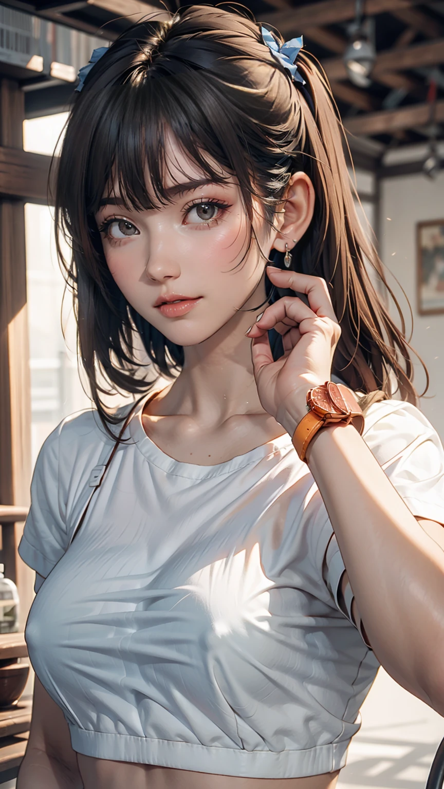 Asian, beautiful, thin, cute, 30th Generation, beautiful Face, beautiful Skin, actress, mature, Upper Body, Light brown hair, thin髪, Live Action, masterpiece, Highest quality, Highly detailed CG Unity 8K wallpaper, Ultra-high resolution, Casual Fashion, Lighting, Summer Fashion, (Natural brown hair: 0.8), (Puffy eyes), Watch the audience, turn around, Bleached Hair, Model pose, White Background, Delicate skin types, Light curly hair, Put your hands around your mouth, White T-shirt, Hair model photo、Twin tails、Orange gradient color、Scrunchies on the wrist