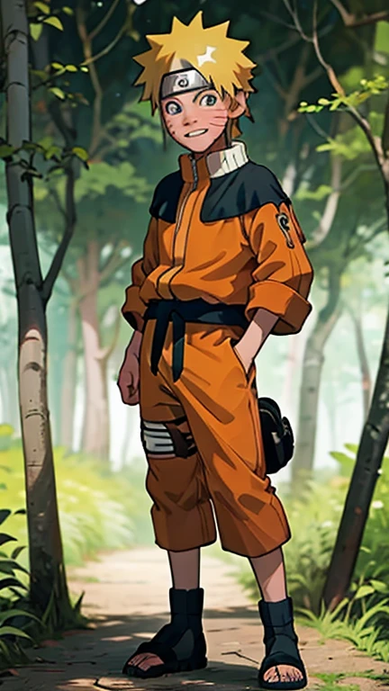 best quality,masterpiece,1boy,solo,(((19years old))),japanese boy,an extremely cute and beautiful girl,highly detailed beautiful face and eyes,petit,cute face,lovely face,baby face,shy smile,show teeth, yellow hair,short hair,flat chest,skinny,slender,(((wearing a Uzumaki Naruto costume))),(((standing in aa forest))),he is looking at the viewer,(((full body))),Arrietty 