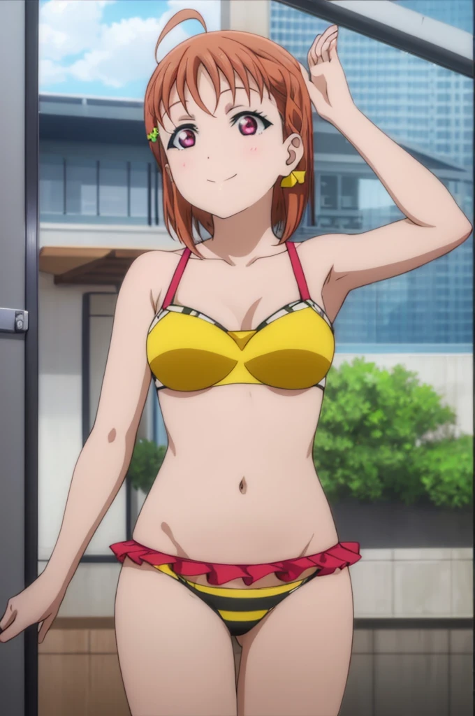 (((pixel-perfect, detail-perfect))), solo, 1girl, chika takami, smile, sauna, bikini, armpit, medium filesize, ultra High Qality