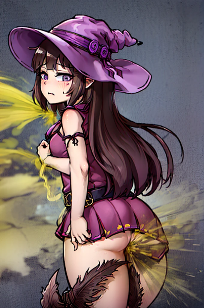 Witch Hat (Brown Hair) Long Hair (((Small breasts))) (Purple Eyes) (((child))) (Slanted Eyes) (((low length))) ,(Turn around)  (((solo))),  Embarrassed,  blush, uniform、 (((A girl farts)))Standing with legs together
、(Holding on)((Her butt is facing me))  ((( face)))(((Yellow gas leaking from the anus)))(((high quality)))