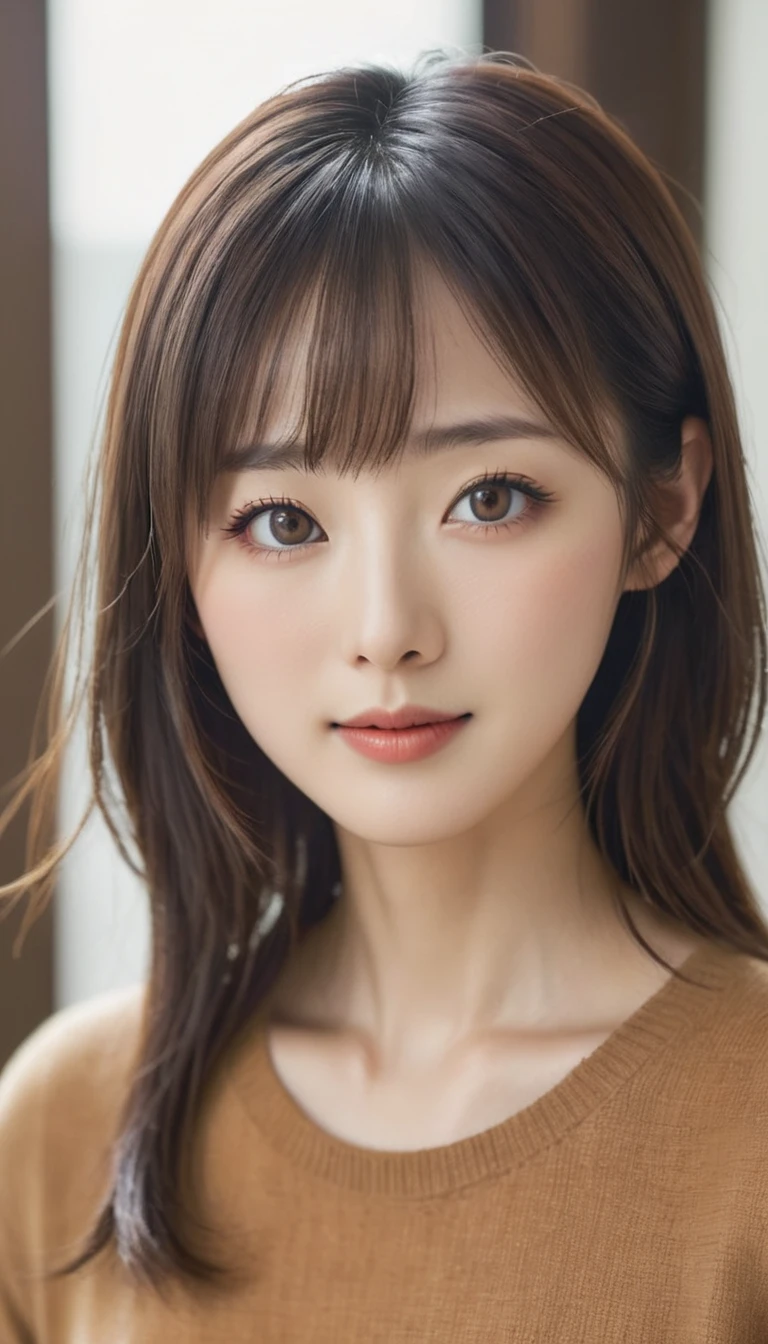 realistic portrait of a  Japanese woman with short, with a high nose, long brown hair, and bangs. Narrow eyes and high nose, She has large, expressive eyes, The background is simple and plain. The image includes eccentric elements such as subtle , with a beautiful face, cute and dreamy expression, and a happy expression 