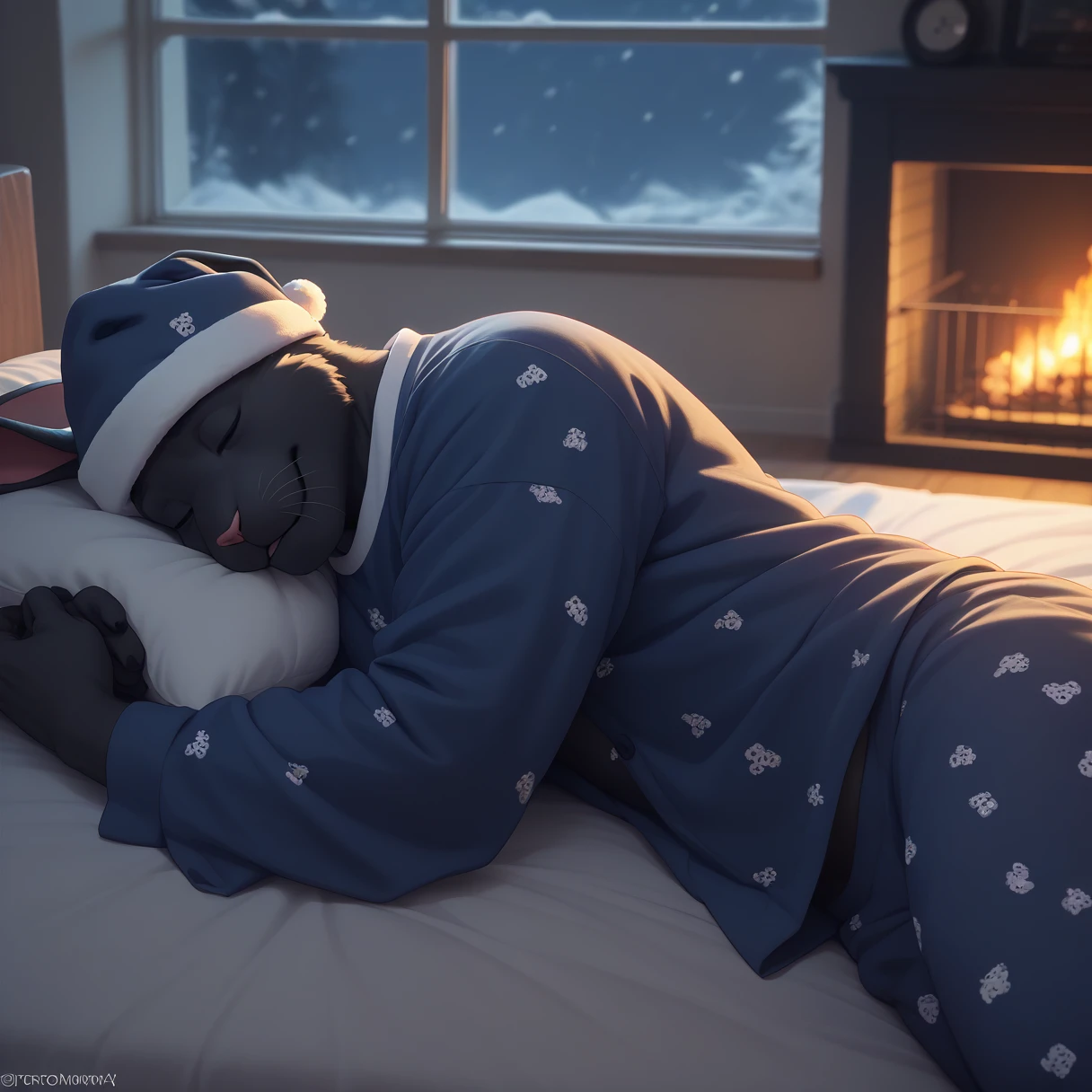 （Furry、Black rabbit boy wearing a nightcap）Her clothes are turned up and her stomach is exposed、Are sleeping、Lying on the bed in pajamas、Snowstorm night seen from the window、Dark room with fireplace、wooden