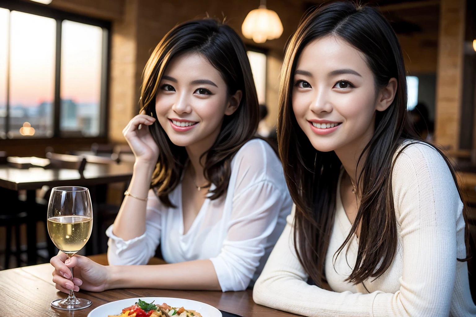 ((Highest quality、8K、masterpiece:1.3))、cute、slimカップル、modelカップル、actress男優、(Realistic, Intricate details:1.2), full-course dinner、Wine Party、Amazing view of the sunset sky and clouds、A bright smile、short hair,Bright Face、 (Age 37), Age 42, red wine 、Appetizers、Italian food、Wine bottle、Champagne、sparkling wine、Two beauties、Brown Hair、Shortcuts、Long sleeve shirt、dress、Beautiful woman 1, (slimな顔), (The body is slim), (Brown Hair), (Shortcuts), cheeks turn a little red,Attractive beauty、restaurant, In a prominent place (From the waist up) Nova Frog Style, actress, model, Upper Body, White wine, slim, wine glass, 中央に置かれたwine glass, smile, (smile: 1.15), Beautiful fine grain, Depth f/2,saturation, High Contrast, Strong light and shadow,Moist Body:1.5、3D texture、Delicate eyes、Brown Hair、The hair is very shiny、