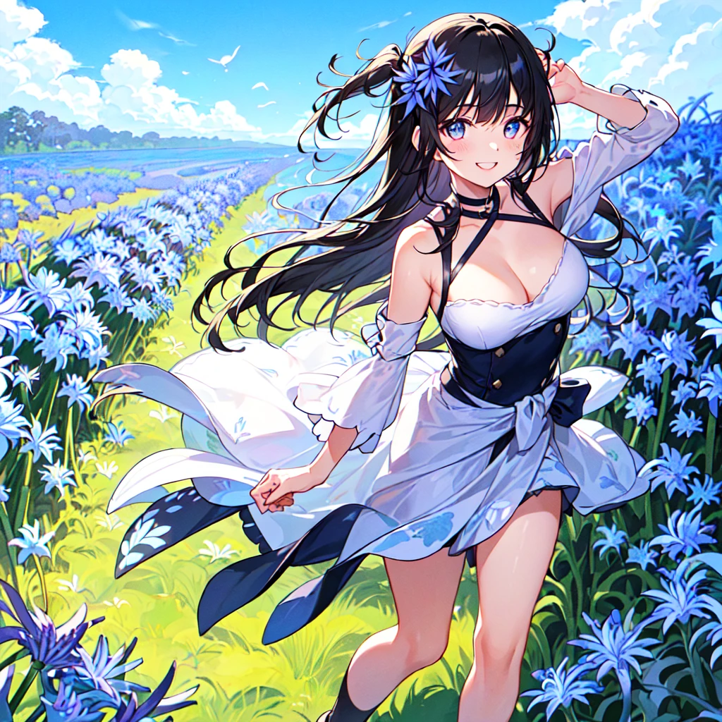masterpiece, best quality, high quality, extremely detailed, very delicate and beautiful, (1 female 18 years old solo:1.5), (long black hair up to waist with two side up:1.5), bangs to eyebrows, eyes Eyebrows glossy, (eye color magenta:1.3), 6.5 head height, (agapanthus flower print summer fashion:1.3), knee socks, lace, frills, (smiling), (running:1.3), (smiling), (dynamic pose), (background agapanthus flower field:1.3), ( Blue sky:1.3)