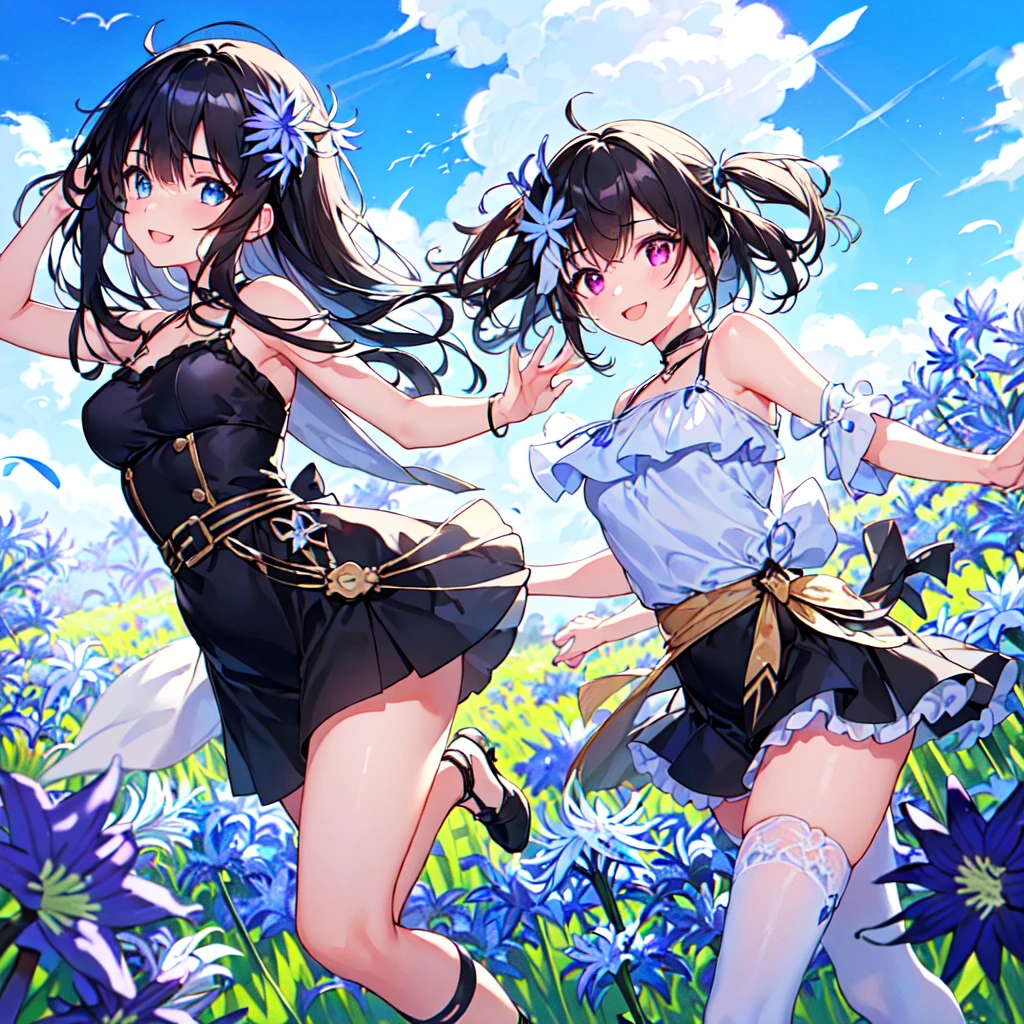 masterpiece, best quality, high quality, extremely detailed, very delicate and beautiful, (1 female 18 years old solo:1.5), (long black hair up to waist with two side up:1.5), bangs to eyebrows, eyes Eyebrows glossy, (eye color magenta:1.3), 6.5 head height, (agapanthus flower print summer fashion:1.3), knee socks, lace, frills, (smiling), (running:1.3), (smiling), (dynamic pose), (background agapanthus flower field:1.3), ( Blue sky:1.3)
