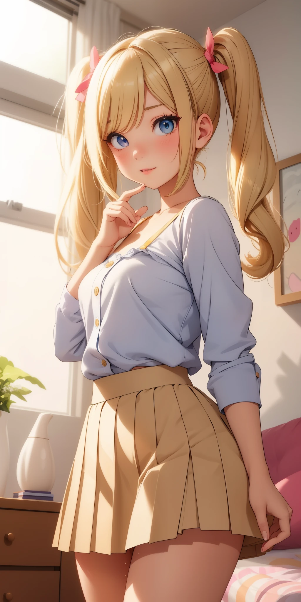 *Runa has (❤❤❤), straight blonde hair with pigtails, Runa arrives in the living room*.Runa is a special cutie with a pleated skirt and a thin strap cropped blouse...she usually shows passion. ..kind of like Runa has something special about Runs Runa. *Runa blushes when talking and Runa giggles cutely*. colors, studio lighting, romantic expression, seductive