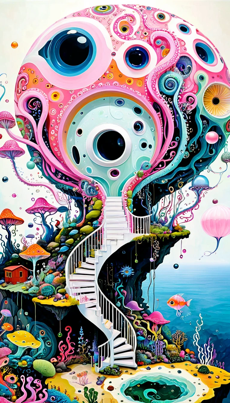 "Dick Ellescas Artist Style",cabin on cliff,Tentacles瀑布,粉色美人fish、fish,Tentacles,bird、Eye、Bubble Squeeze、autistic patient、diatom,Spiral Staircase,Stitching together an abstract painting,Describing the inner world of autistic people,Sense of space,White Space,interesting,Innocence,Psychedelic Art,Pink theme