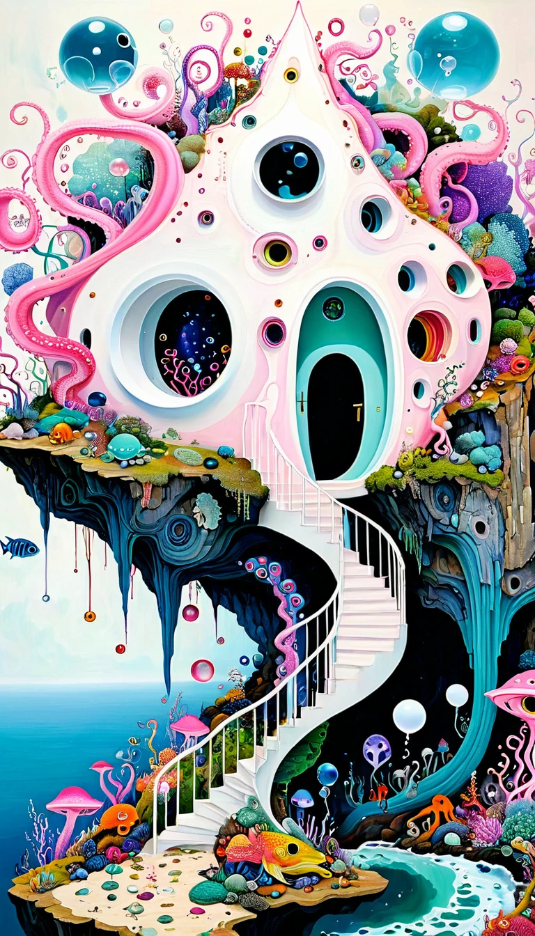 &quot;Dick Ellescas Artist Style&quot;,cabin on cliff，Tentacles瀑布，粉色美人fish、fish，Tentacles，bird、Eye、Bubble Squeeze、autistic patient、diatom，Spiral Staircase，Stitching together an abstract painting，Describing the inner world of autistic people，Sense of space，White Space，interesting，Innocence，Psychedelic Art，Pink theme