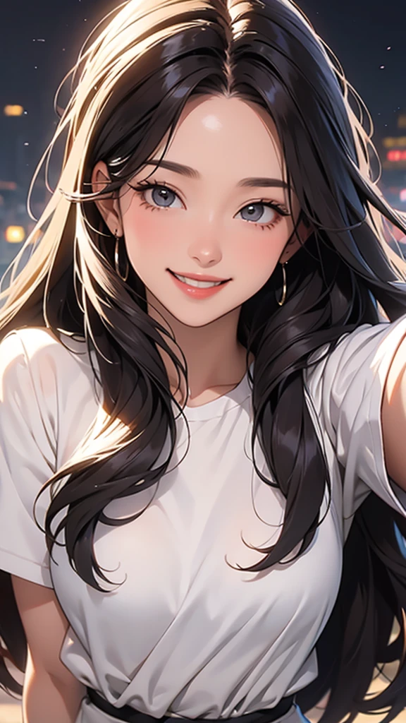 Mature Woman,(1 person), (((LOL))),With a happy smile, She expressed her joy, shirt,Long Hair,Cute smile, With a beautiful smile,( Happy and cheerful expression), And she laughs,very happy, (masterpiece、Highest quality)、Best details,Blurred background