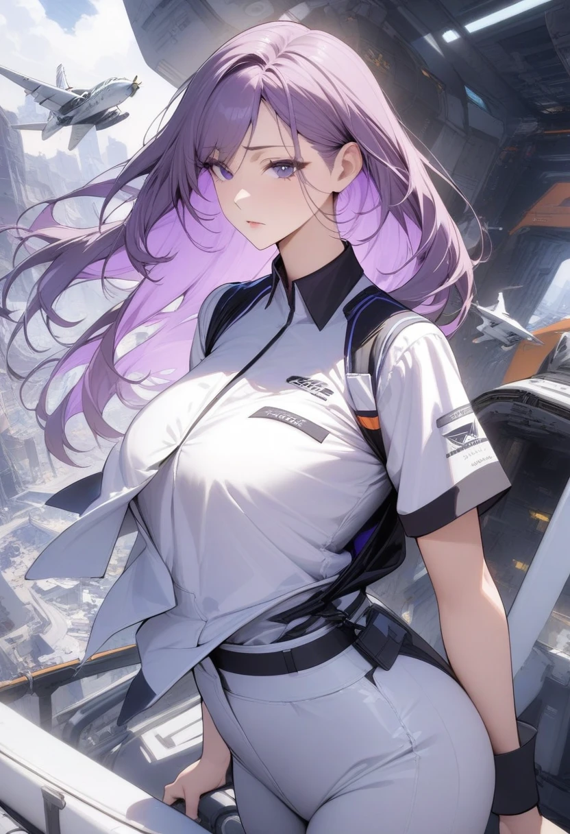 masterpiece, best quality, very aesthetic, absurdres, 1girl, mature_lady,,expressionless,Lilac haircolored inner hair,Flight Crew Uniform: Includes uniform shirts, pants, and accessories for flight crew members.,Deconstructivist - Emphasizes irregular shapes and fragmentation in design.,floating_clothes