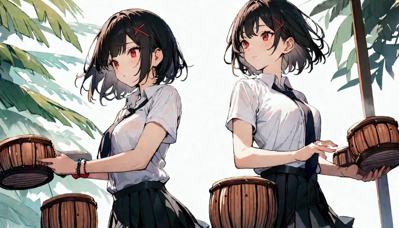 Short Bob Hair, (Black Hair:1.2), X Hair Ornament, Red eyes,tie, girl,One person, Collared shirt, White shirt, Short sleeve, Pleated skirt, student, Highest quality, masterpiece, High resolution, summer,Playing the bongos、