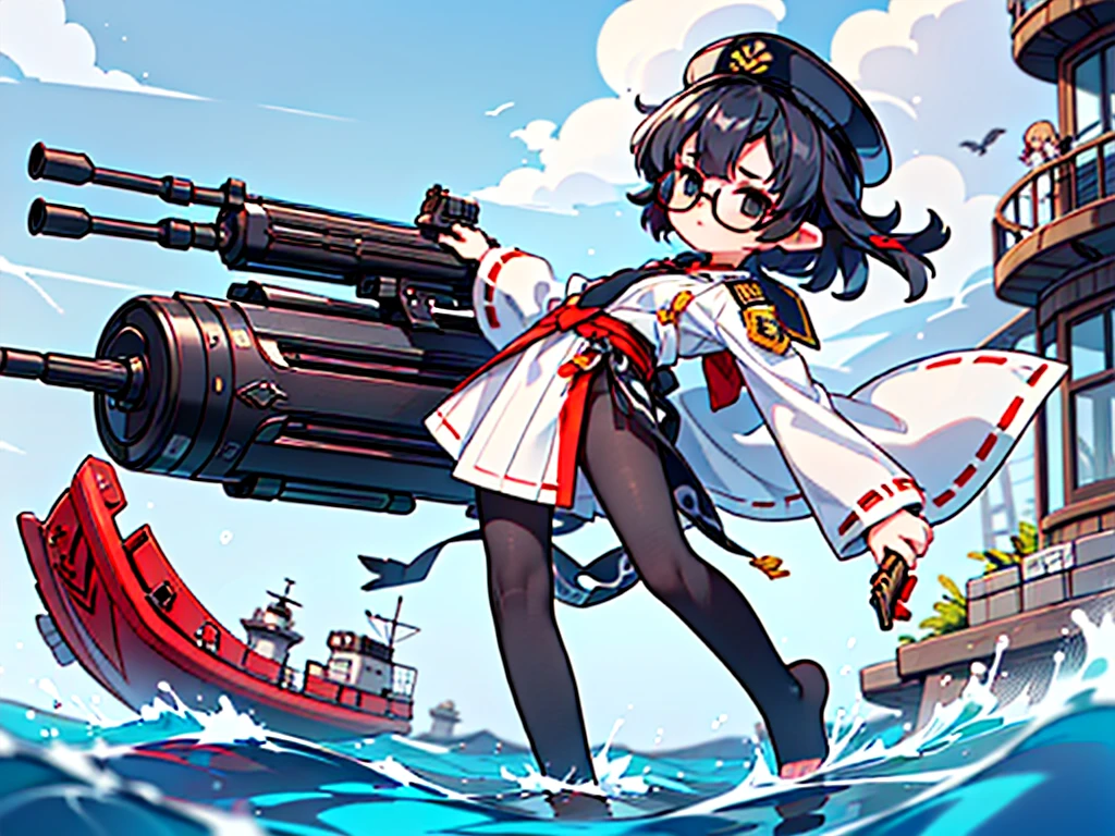 (((masterpiece, Vision))), ((((Full body of a woman with perfect flat chest、1 Female、solo、Short unkempt black hair、Tie your messy hair at the nape of your neck、white military jacket、Miko costume、black tights、Black glasses are black、White military cap、Cloudy black eyes、Confused eyes、Junyo-inspired emblem)))), (((Shipgirl))), ((Floating on the morning sea with both feet)), (Standing with your legs apart)), Aim, (Hold the shotgun turret grip with your right hand), (Four mechanical tentacles covered in white armor extend from its back.), (Holding a shotgun with metal tentacles), (Equipped with a bridge on the back), (His left arm holds the grip of a triple machine gun),