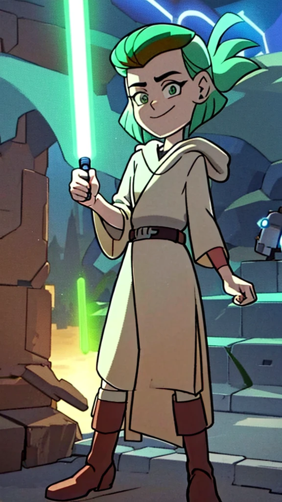 AmityS1, holding green light saber , smile, JediOutfit, robe, belt, boots