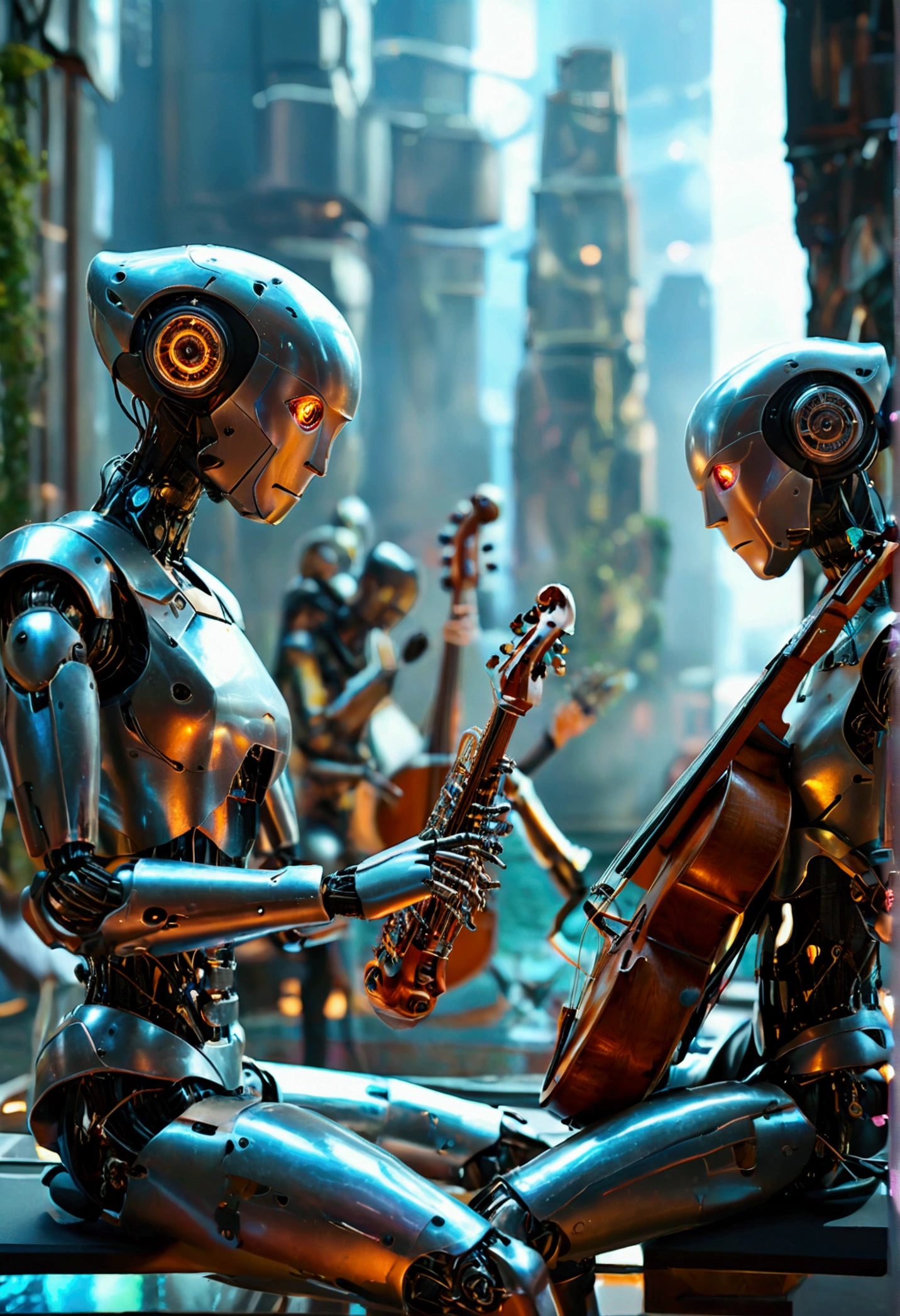 In a futuristic city, Robot musicians based on'IA perform an exciting concert on a floating stage, Be surrounded by'a holographic audience from different eras of'history. Tell the story'history de cet événement fascinant.