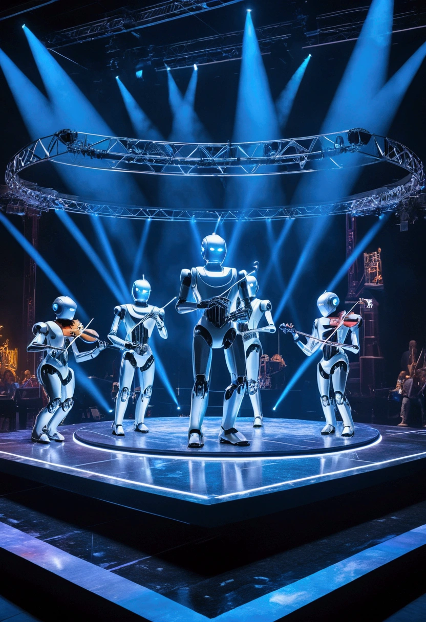 In a futuristic city, Robot musicians based on'IA perform an exciting concert on a floating stage, Be surrounded by'a holographic audience from different eras of'history. Tell the story'history de cet événement fascinant.