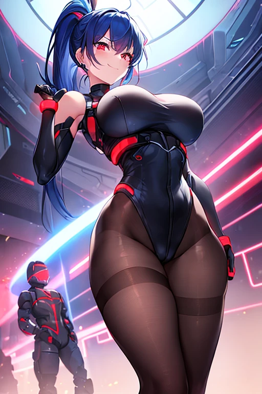 1girl, red eyes, blue hair, short hair, ponytail, large breasts, hourglass figure, bodysuit, black bodysuit, neon, neon trim, machinery, tech, science-fiction, futuristic, smile, standing, full body, ((full body)), ((long ponytail)), arms down, hands down, robot girl, pantyhose, black pantyhose, ((pantyhose))