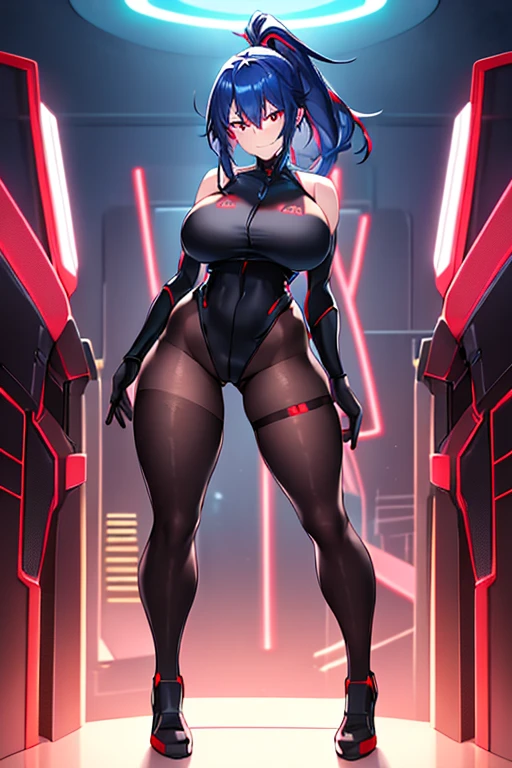 1girl, red eyes, blue hair, short hair, ponytail, , hourglass figure, , black , neon, neon trim, machinery, tech, science-fiction, futuristic, smile, standing, full body, ((full body)), ((long ponytail)), arms down, hands down, robot girl, pantyhose, black pantyhose, ((pantyhose))