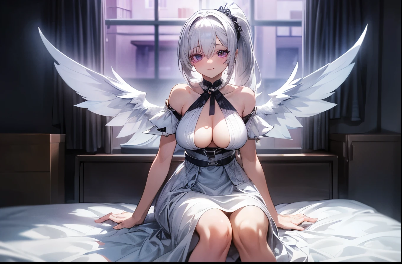 1girl with white hair, pony tail, hair cover left eye,bangs cover left eye, violet eyes, smile, big breasts, big white dress, decolletage, indoors, wings on back, standing. Black neck, , full stand, cheap apartments on background, sitting on bed, perfect quality, perfect eyes