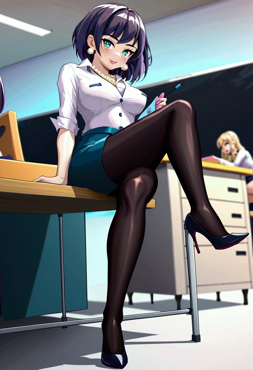 Teacher, (((twirling and playing with her Long_wavy_black_hair_bangs))), (((dark hair looks like 20 yr old Bettie Paige))), brown pantyhose, (brown_Blazer uniform_brown, school shirt, Burberry plaid_skirt, tie_black, must wear brown pantyhose tights (open legs, spread legs), up-skirt, sitting (((legs are crossed, skirt is lifted, pantyhose butt is exposed out of bottom of skirt))), (((legs crossed in sexy brown high gloss sheer pantyhose, grabbing hem of her skirt and lifting, skirt lift, pointy Christian Louboutin high heels (((shoe dangle, high heel dangles from the top of her foot))), Sexy model wearing a skimpy preppy outfit, with big hoop earrings, a pearl (large pearls) necklace, sheer tan (light brown) high gloss pantyhose, and Christian Louboutin (pointy black, shoe dangle), (((she sits on top of her desk with her legs crossed dangling her high heel shoe from her foot))) high heel hangs off foot like image, setting: rich hardwood floor, classroom, blackboard with chalk writing in background
