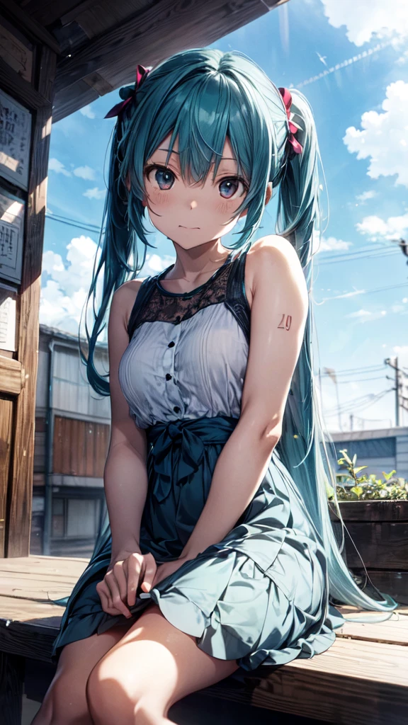 
The background is in the style of Makoto Shinkai, with the viewer sitting in nature under a clear blue sky.。

Hatsune Miku in a shoulder-baring dress。

The color of the dress is white。

A sexy, mature atmosphere reminiscent of Minato Ward girls。

Hair is straight。