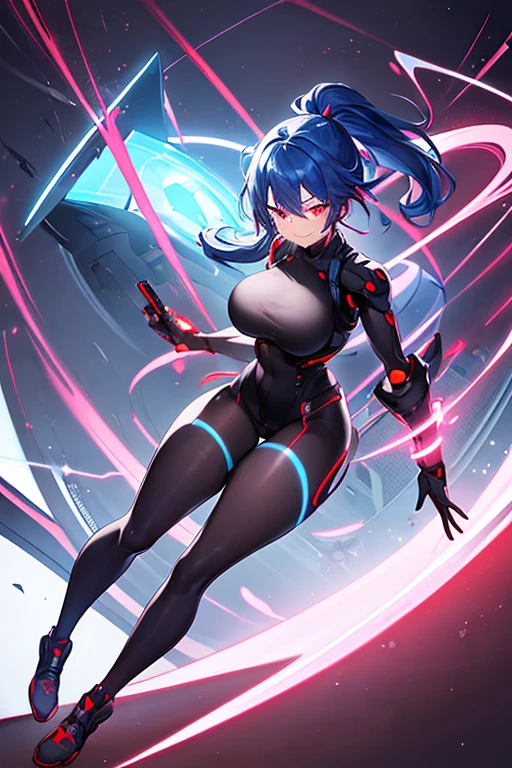 1girl, red eyes, blue hair, short hair, ponytail, large breasts, hourglass figure, bodysuit, black bodysuit, neon, neon trim, machinery, tech, science-fiction, futuristic, smile, standing, full body, ((full body)), ((long ponytail)), arms down, hands down, robot girl, pantyhose, black pantyhose, ((pantyhose))