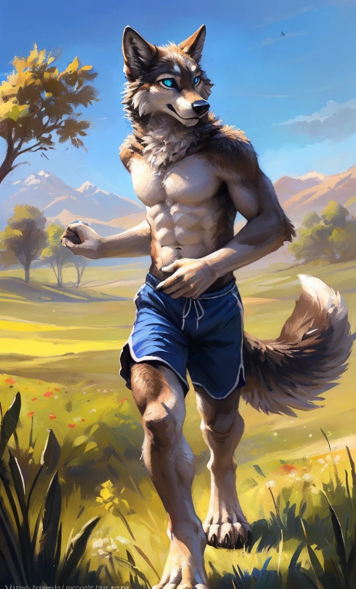 ((Solo)), male people, anthro wolf, (Multi-colored fur, White-brown:1.3,White tail pointed), (Height 2.1m,Tail length 1.2m), ((Wolf face, Big eyes, White eyelids, Blue pupil, Slim:1.2) (Tough, Calm expression:1.2)), Abs, Slim, pinging)), (Correct anatomy), (Work shorts:1.1), The upper body naked, (detailed outfits),A long big tail,Feet,(Realistic fur, Detailed fur texture, labeled:1.3)), (Natural lighting), Photorealistic, Hyperrealistic, ultradetailed, by Kenket,Field,erect through,Running on