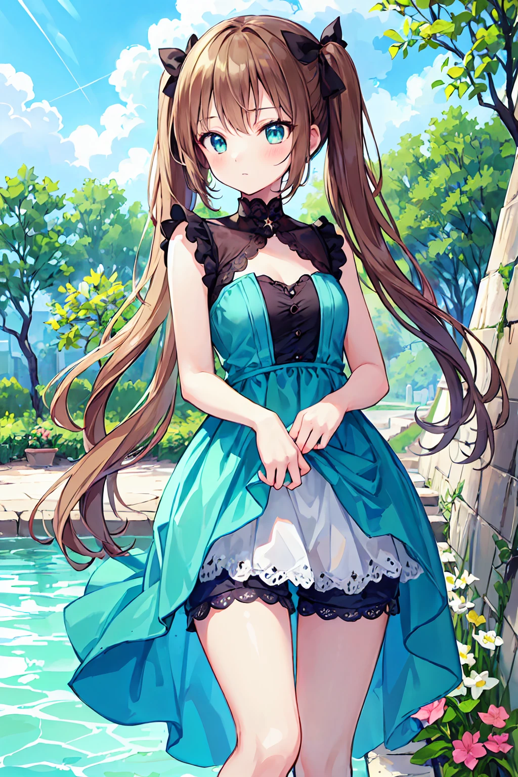 ((Highest quality, masterpiece)), Very delicate and beautiful, bright, cowboy_shot, from_Down, girl, woman, woman, young, 20-year-old, Long Hair, Princess Cut, Parted bangs, Twin tails, Light brown hair, Delicate face, blush, Beautiful eyes in every detail, Small breasts, Beautiful feet,Thighs, greenの目, White skin, green_bow, Sleeveless_dress, Sleeveless, Shorts, just_feet, White clothes, green sky, Beautiful and detailed gardens, Very beautiful detailed water,