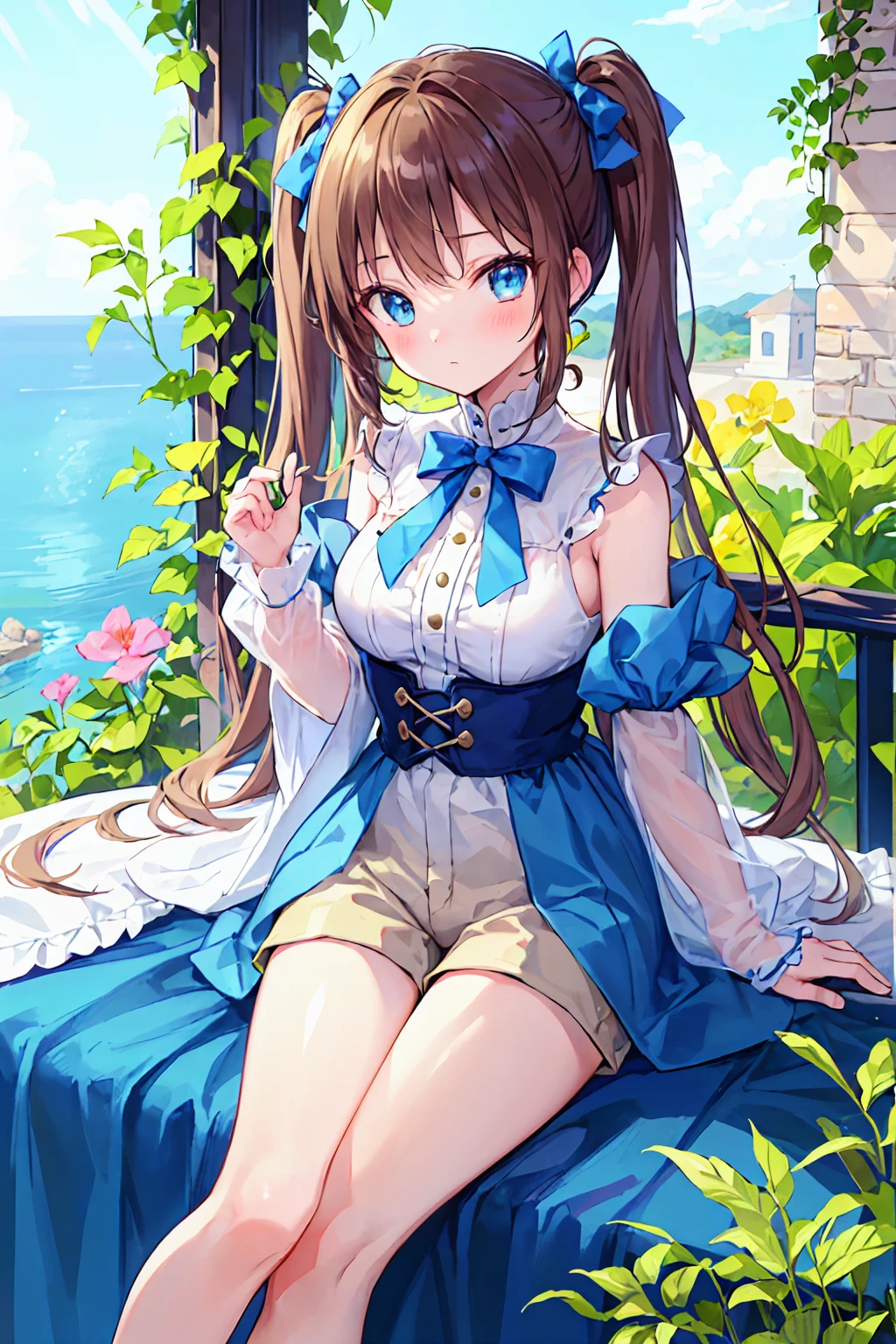 ((Highest quality, masterpiece)), Very delicate and beautiful, bright, cowboy_shot, from_Down, girl, woman, woman, young, 20-year-old, Long Hair, Princess Cut, Parted bangs, Twin tails, Light brown hair, Delicate face, blush, Beautiful eyes in every detail, Small breasts, Beautiful feet，Thighs, greenの目, White skin, green_bow, Sleeveless_dress, Sleeveless, Shorts, just_feet, White clothes, green sky, Beautiful and detailed gardens, Very beautiful detailed water,