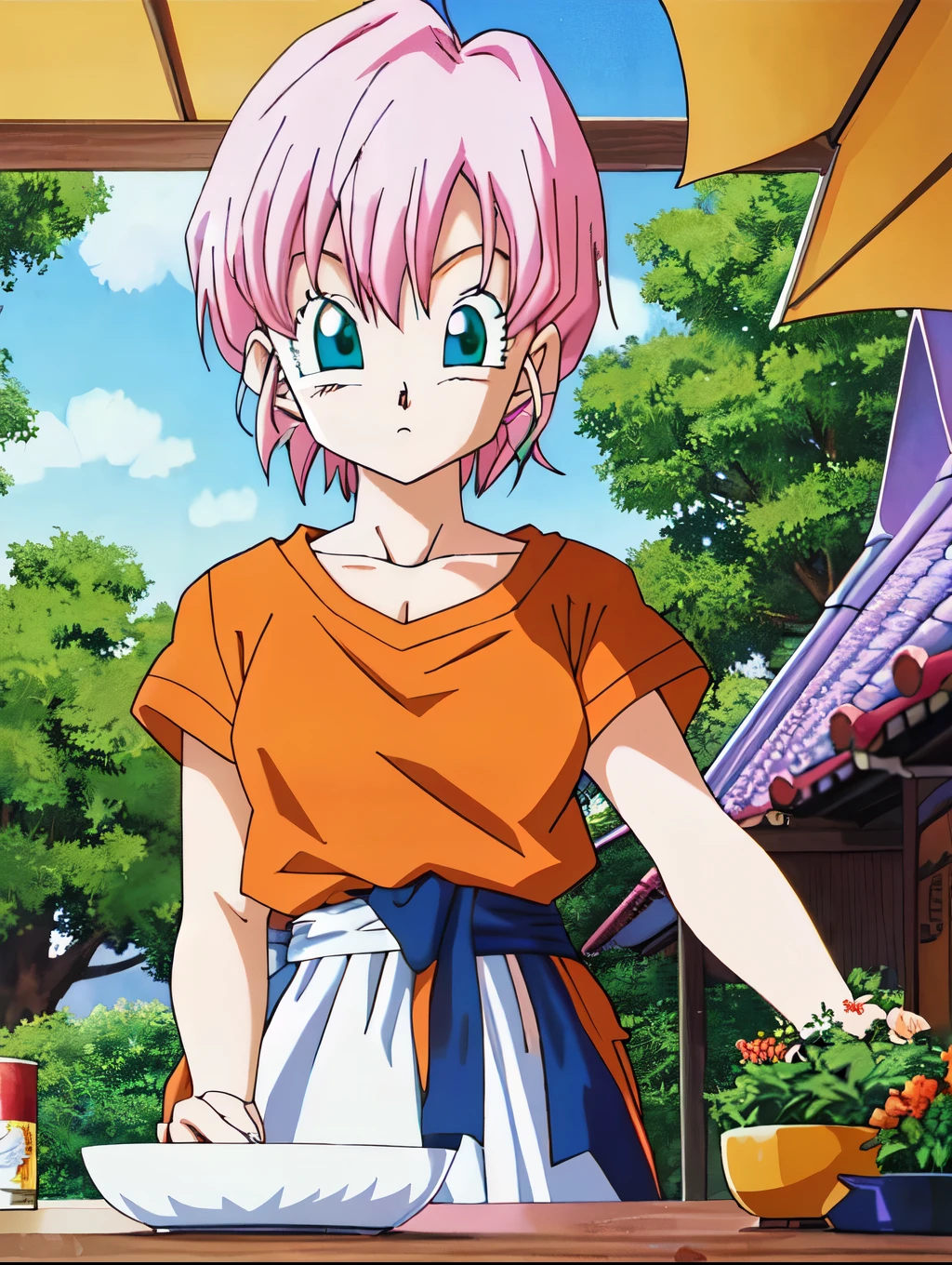 ((Highest quality)), ((masterpiece)), (detailed), ((Akira Toriyama))、One girl, Pink short hair、Blue-green eyes