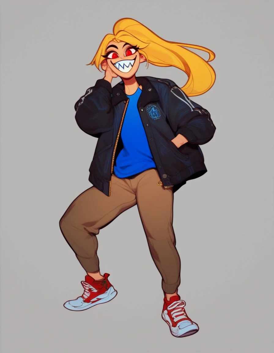 lilith, 1girl, solo, long hair, looking at viewer, smile, blonde hair, simple background, shirt, red eyes, long sleeves, jacket, full body, ponytail, shoes, teeth, pants, grin, blue shirt, sharp teeth, red footwear, sneakers, brown pants