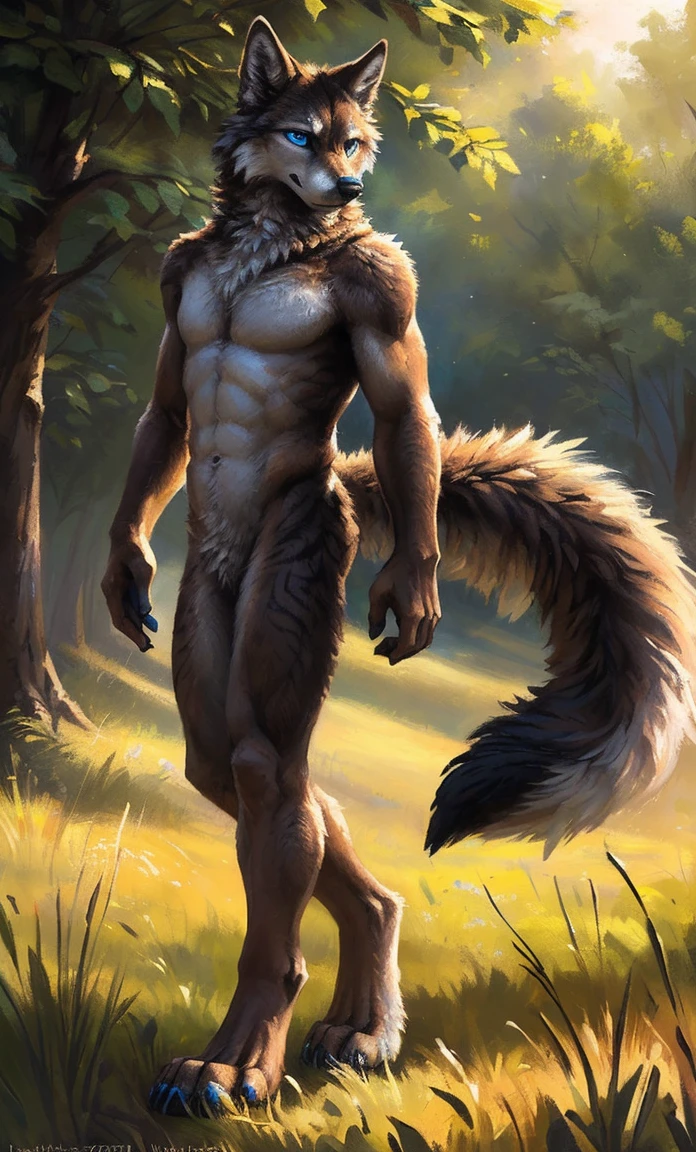 ((Solo)), male people, anthro wolf, (Multi-colored fur, White-brown:1.3,White tail pointed), (Height 2.1m,Tail length 1.5m), ((Wolf face, Big eyes, White eyelids, Blue pupil, Slim:1.2) (Tough, Calm expression:1.2)), Abs, Slim, pinging)), (Correct anatomy), Naked all over the body,A long big tail,Feet,(Realistic fur, Detailed fur texture, labeled:1.3)), (Natural lighting), Photorealistic, Hyperrealistic, ultradetailed, by Kenket,Field,No artifacts