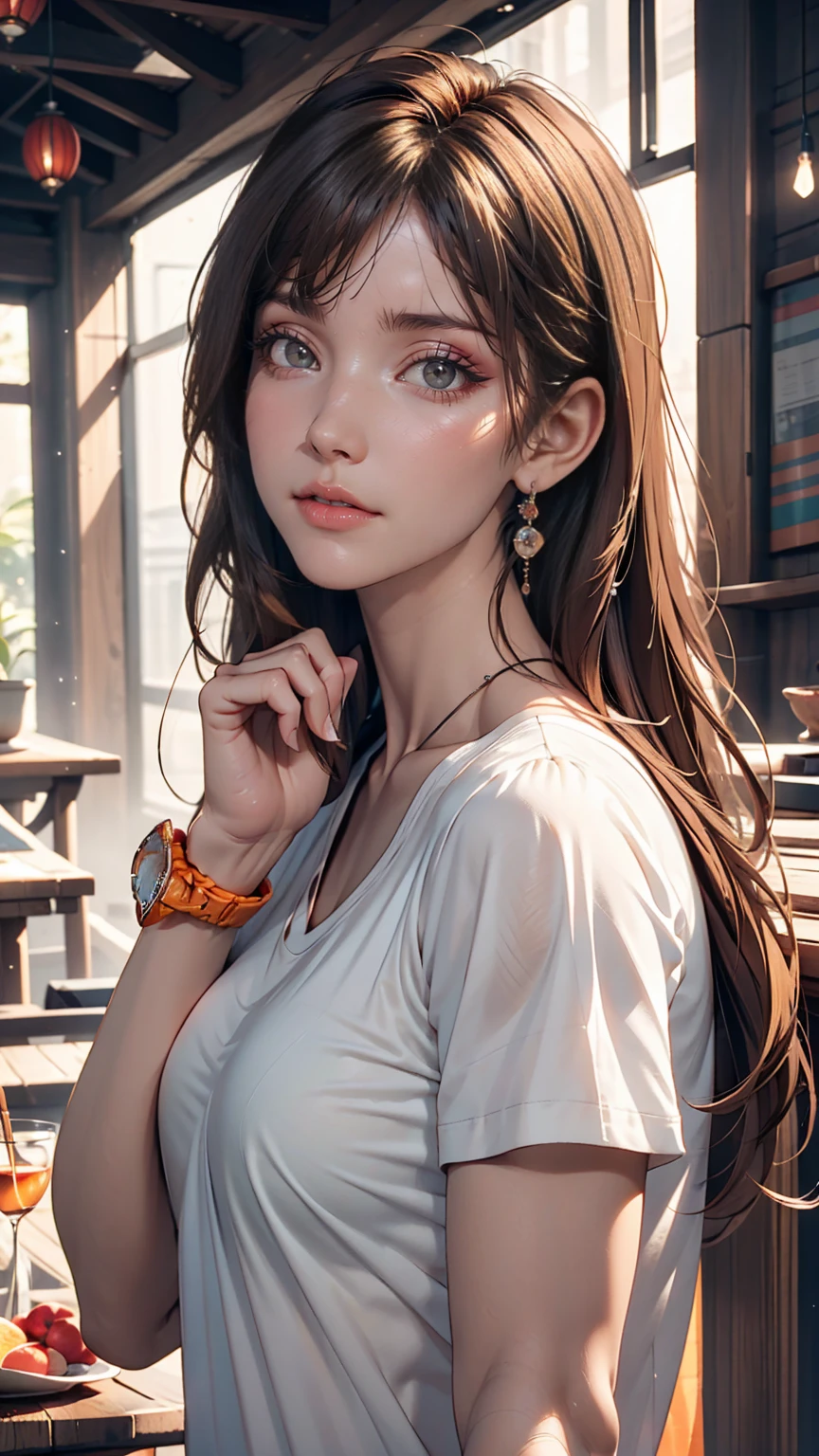 Asian, beautiful, thin, cute, 30th Generation, beautiful Face, beautiful Skin, actress, mature, Upper Body, Light brown hair, thin髪, Live Action, masterpiece, Highest quality, Highly detailed CG Unity 8K wallpaper, Ultra-high resolution, Casual Fashion, Lighting, Summer Fashion, (Natural brown hair: 0.8), (Puffy eyes), Watch the audience, turn around, Bleached Hair, Model pose, White Background, Delicate skin types, Light curly hair, Put your hands around your mouth, White T-shirt, Hair model photo、Twin tails、Orange gradient color、Scrunchies on the wrist、