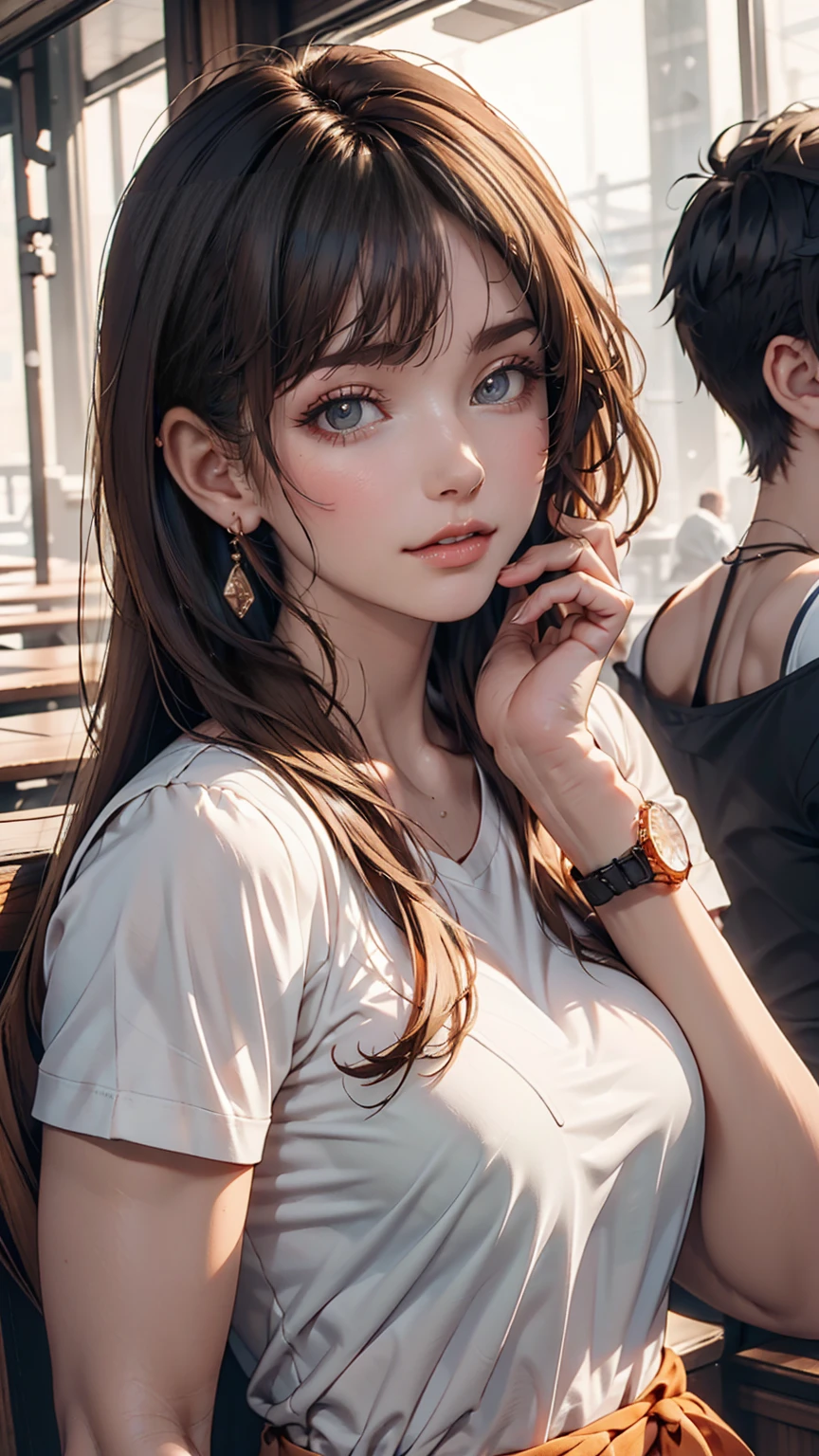 Asian, beautiful, thin, cute, 30th Generation, beautiful Face, beautiful Skin, actress, mature, Upper Body, Light brown hair, thin髪, Live Action, masterpiece, Highest quality, Highly detailed CG Unity 8K wallpaper, Ultra-high resolution, Casual Fashion, Lighting, Summer Fashion, (Natural brown hair: 0.8), (Puffy eyes), Watch the audience, turn around, Bleached Hair, Model pose, White Background, Delicate skin types, Light curly hair, Put your hands around your mouth, White T-shirt, Hair model photo、Twin tails、Orange gradient color、Scrunchies on the wrist、