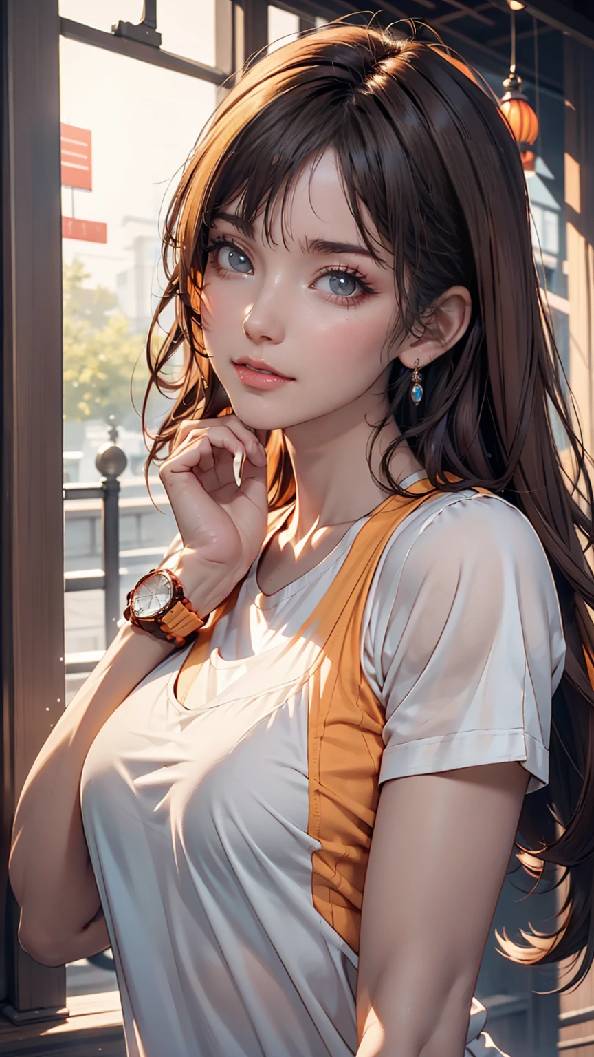 Asian, beautiful, thin, cute, 30th Generation, beautiful Face, beautiful Skin, actress, mature, Upper Body, Light brown hair, thin髪, Live Action, masterpiece, Highest quality, Highly detailed CG Unity 8K wallpaper, Ultra-high resolution, Casual Fashion, Lighting, Summer Fashion, (Natural brown hair: 0.8), (Puffy eyes), Watch the audience, turn around, Bleached Hair, Model pose, White Background, Delicate skin types, Light curly hair, Put your hands around your mouth, White T-shirt, Hair model photo、Twin tails、Orange gradient color、Scrunchies on the wrist、