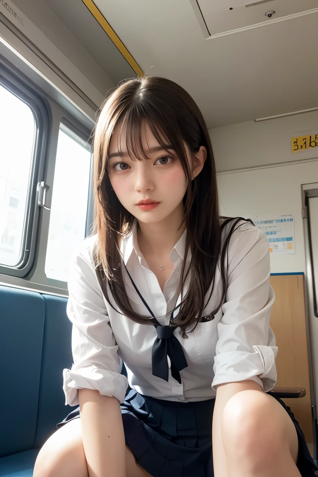 Masterpiece, bokeh, Beautiful Japanese idle, (school uniform:1.3), crouching in train, From below,